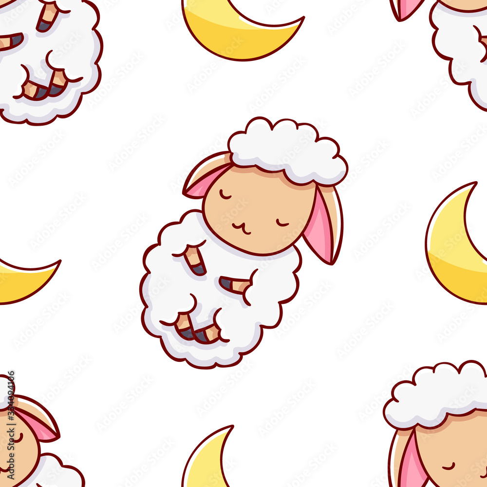 Simple seamless pattern, cute kawaii hand drawn sheep doodles Simple seamless pattern, cute kawaii hand drawn sheep doodles