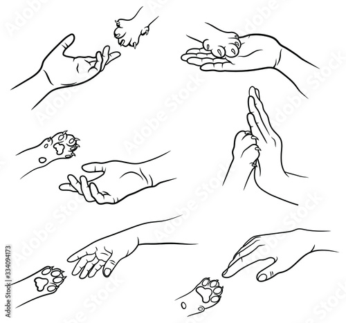 Set of human hand and cat paw. Collections of the hands of a man holding a pet's paw. The concept of love for animals. Vector illustration of a manifestation of care for the pet.