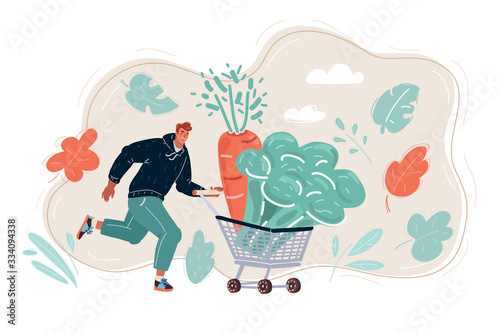 Illustration of vegetables in the basket. Man run with supermarket basket
