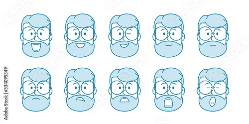 Line Set of people icons. Male character with different emotions. men's faces express joy, sadness, smile, discontent, boredom. Avatar for social networks, applications, web. Vector illustration