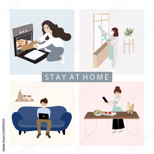 People is working, cleaning,cooking at home.Woman and man at home in quarantine