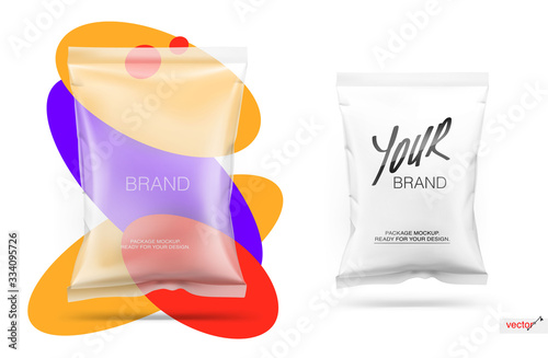 Food snack pillow bag. Vector illustration isolated on white background. Packaging mockup ready for your design.  Layered file with transparent highlights. EPS10.