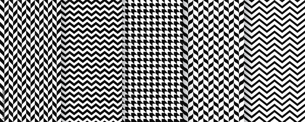 Herringbone seamless pattern. Vector. Twill print with herring bone, zig za and chevron. Tweed geometric textures. Set black white backgrounds. Simple illustration.