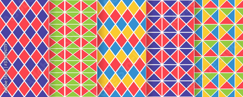 Harlequin seamless pattern. Vector. Circus background with rhombuses, triangles and squares. grid tile texture. Diamond print. Geometric illustration.