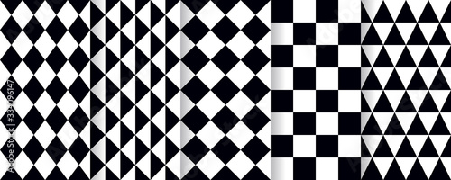 Harlequin seamless pattern. Vector. Black white background with rhombuses, triangles and plaid. Circus grid tile texture. Diamond print. Geometric illustration. photo