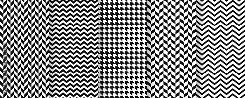 Herringbone seamless pattern. Vector. Twill print with herring bone, zig za and chevron. Tweed geometric textures. Set black white backgrounds. Simple illustration.