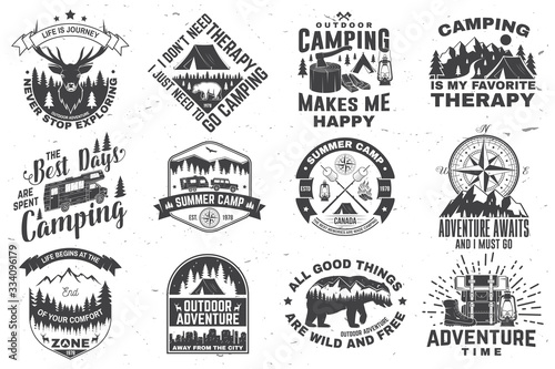 Set of outdoor adventure quotes symbol. Vector. Concept for shirt or logo, print, stamp, tee. Vintage design with hiking boots, camping tent, lantern, axe, mountains, bear, deer, forest silhouette