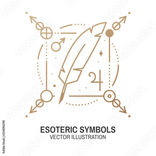 Esoteric symbols. Vector illustration. Thin line geometric badge. Outline icon for alchemy, sacred geometry. Mystic and magic design with feather, stars, planets and moon.