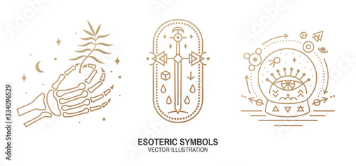 Esoteric symbols. Vector. Thin line geometric badge. Outline icon for alchemy, sacred geometry. Mystic and magic design with human skeleton bone hand, old sword and glass ball and all-seeing eye