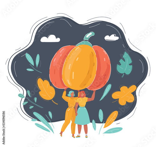 Illustration of two woman holding big pumpkin