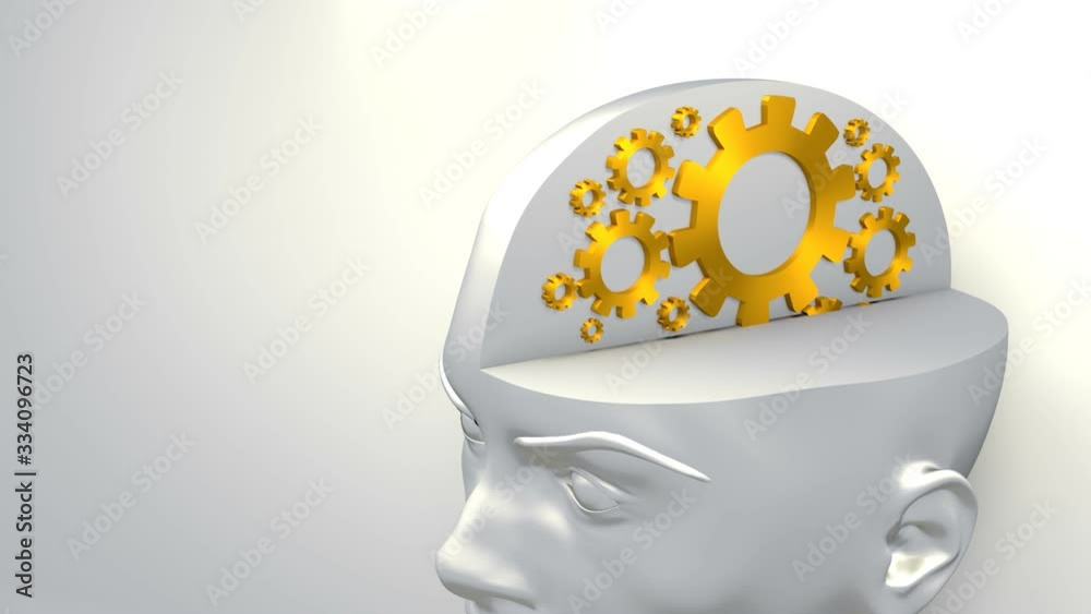 Open minded woman with golden gears as brains. 3D rendering