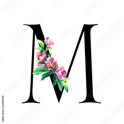 Floral Letter  with hand painted pink flowers and leaves. . Elegant Alphabet isolated on the white background. Design for Wedding, inviting, greeting and birthday card for celebration. Black M
