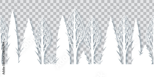 Seamless ornament in paper cut style. Forest silhouette pattern. Vector