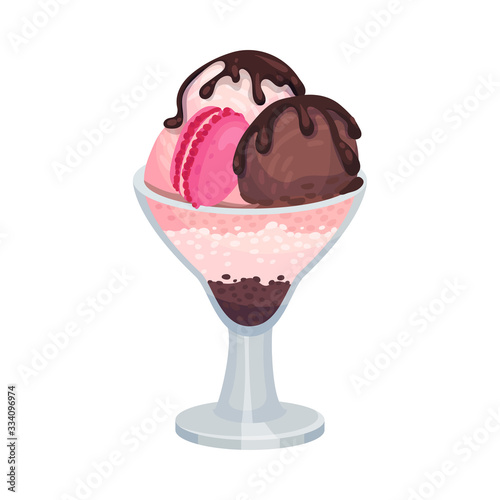 Balls of Ice Cream in Glass Tub with Chocolate Topping Vector Illustration