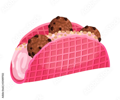 Balls of Ice Cream with Chocolate Crumbs Wrapped in Waffle Vector Illustration
