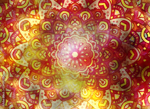 Mandala, tracery round boho background. Ethnic ornament. Folk, meditation design. Colored curved shape.