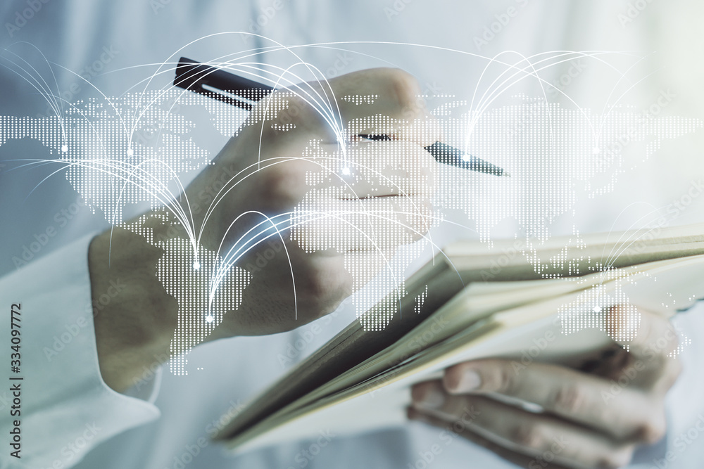 Double exposure of abstract digital world map with connections and man hand writing in notebook on background, research and strategy concept