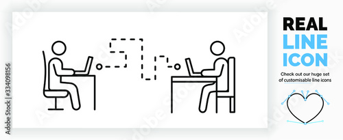 Editable real line icon of stick figure people working from home on their computer communicating with their colleagues in on a online server with digital files in modern black lines as a eps vector