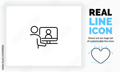 Editable real line icon of stick figure people working from home on their computer communicating with their colleagues in on a online server with digital files in modern black lines as a eps vector