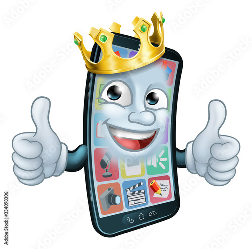 A mobile phone cartoon character mascot wearing a gold king crown and giving a double thumbs up.