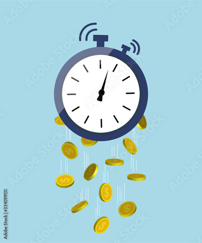 Time is money concept. Clock with dollar golden coins. Payment work in hour. Watch and financial budget. Cash from rich business. Pension timer. Alarm investment. Countdown time of deposit. Vector