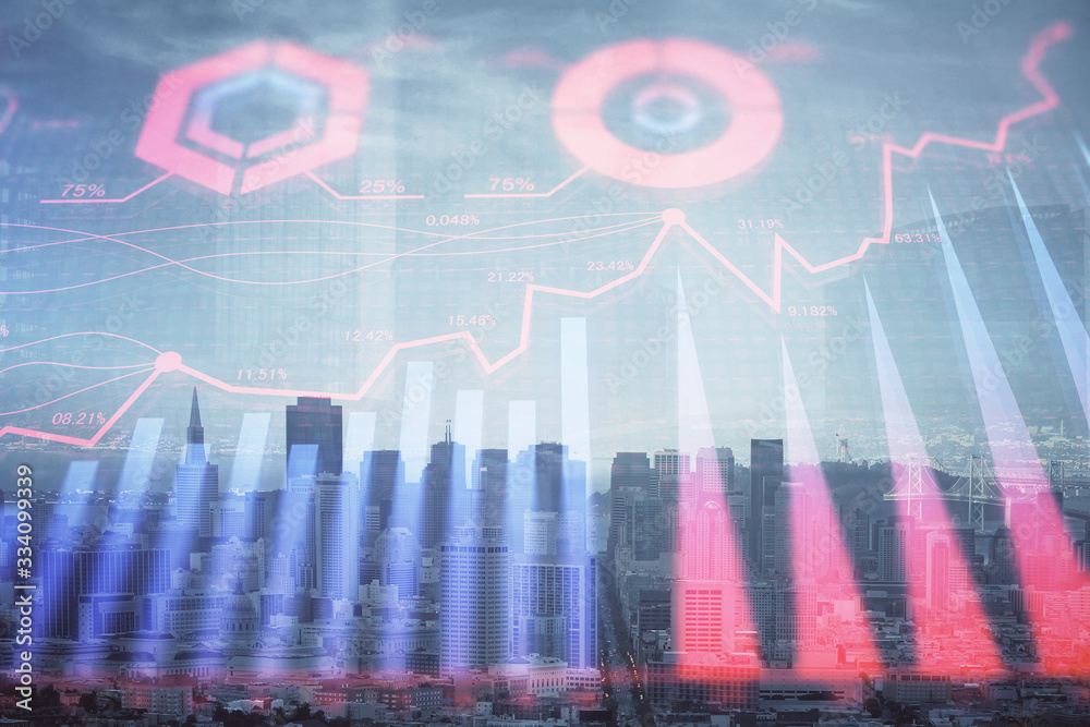 Forex graph on city view with skyscrapers background multi exposure. Financial analysis concept. Forex graph on city view with skyscrapers background multi exposure. Financial analysis concept.
