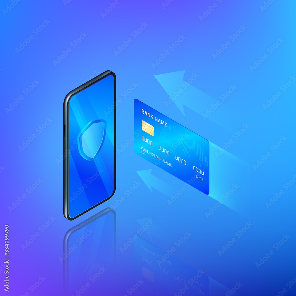 Banking online service in mobile app. Money transfer or internet shopping concept. Credit card and mobile phone with shield on screen. Security and protection online payment. Vector isometric banner