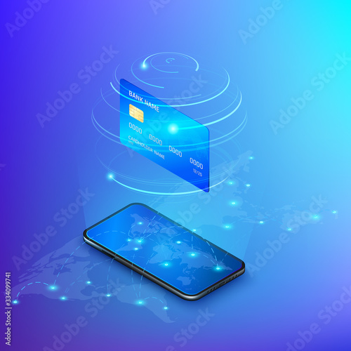 Banking online service. Money transfer or online payment. Internet shopping. Credit card above mobile phone with global map and transaction route. Vector isometric banner
