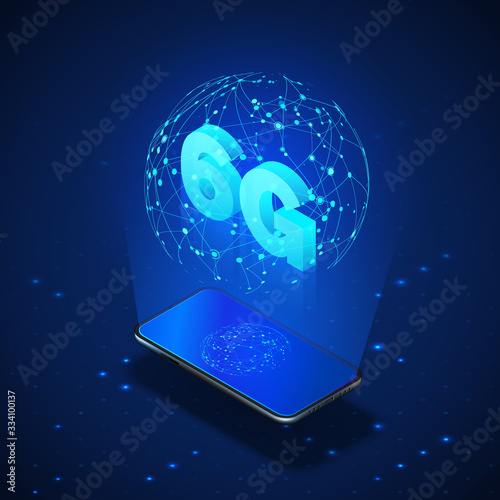 High speed 6G global mobile networks. Business isometric illustration smartphone with internet hologram and text 6g. Modern data transfer technology. Wireless web. Vector