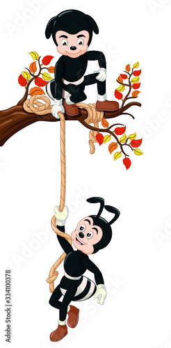 Funny Two Black Ants Climbing Tree Branch With Rope Cartoon