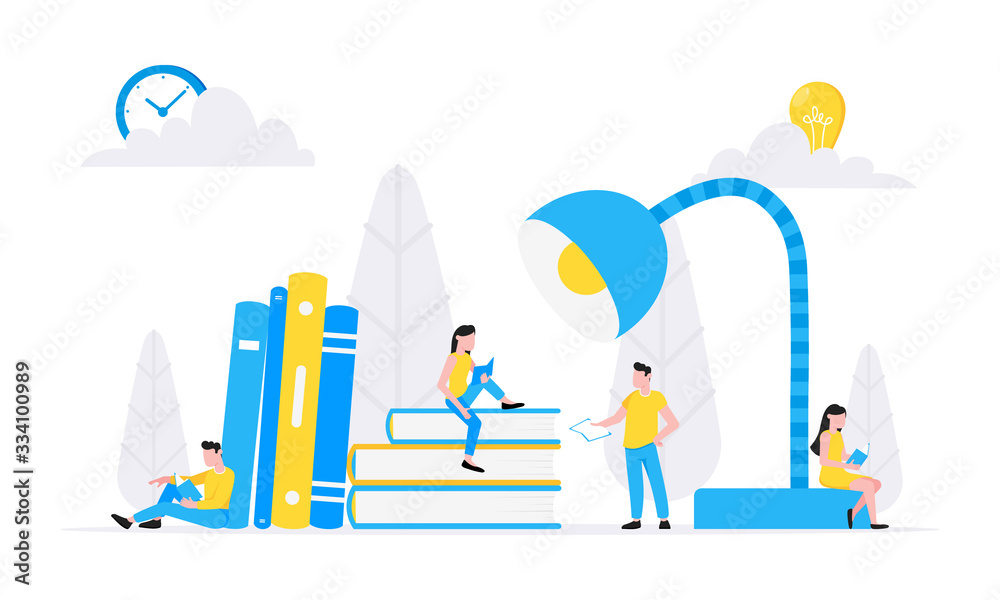 Tiny literature fans sitting on big books flat style design vector illustration isolated on white background. Book festival, fair or students education concept.