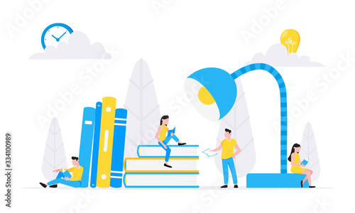 Tiny literature fans sitting on big books flat style design vector illustration isolated on white background. Book festival, fair or students education concept.