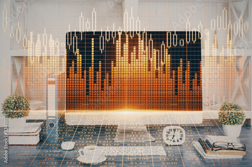 Forex graph hologram on table with computer background. Double exposure. Concept of financial markets. © peshkova