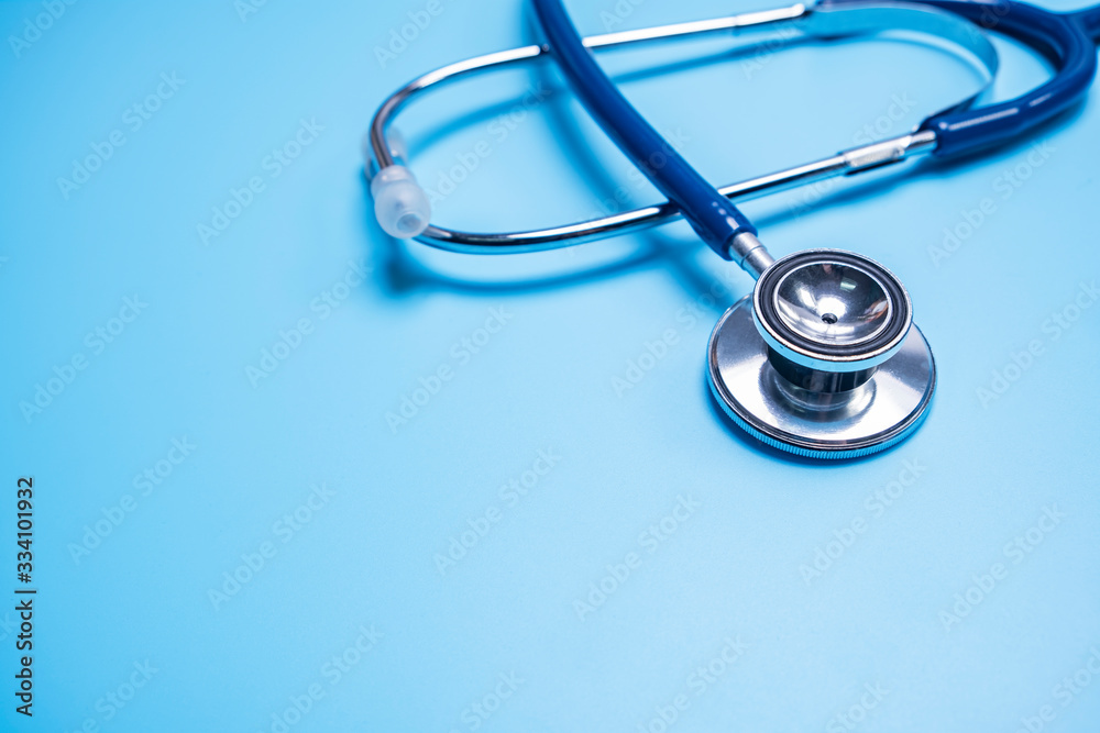 layout of health and medical care testing for checkup patients heart rate with stethoscope, tool and equipment for doctors and nurses in clinic or hospital usage, laying on blue flat lay background layout of health and medical care testing for checkup patients heart rate with stethoscope, tool and equipment for doctors and nurses in clinic or hospital usage, laying on blue flat lay background