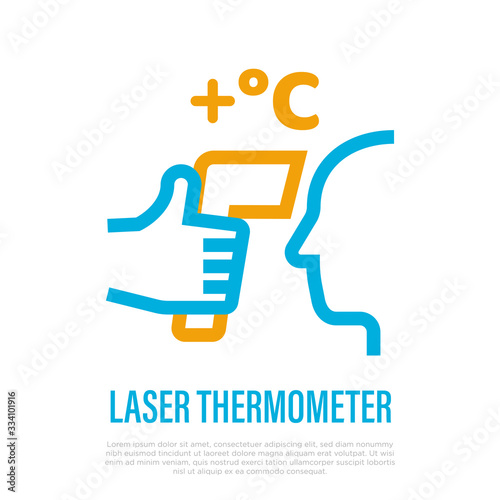 Laser thermometer for detection fever. Thin line icon. Hand holding thermometer near human face. Scan for coronavirus symptom. Healthcare and medical equipment. Vector illustration.