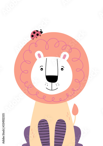 Cute lion with ladybug on the head. Poster for baby room. Childish print for nursery. Design can be used for fashion t-shirt  greeting card  baby shower. Vector illustration.