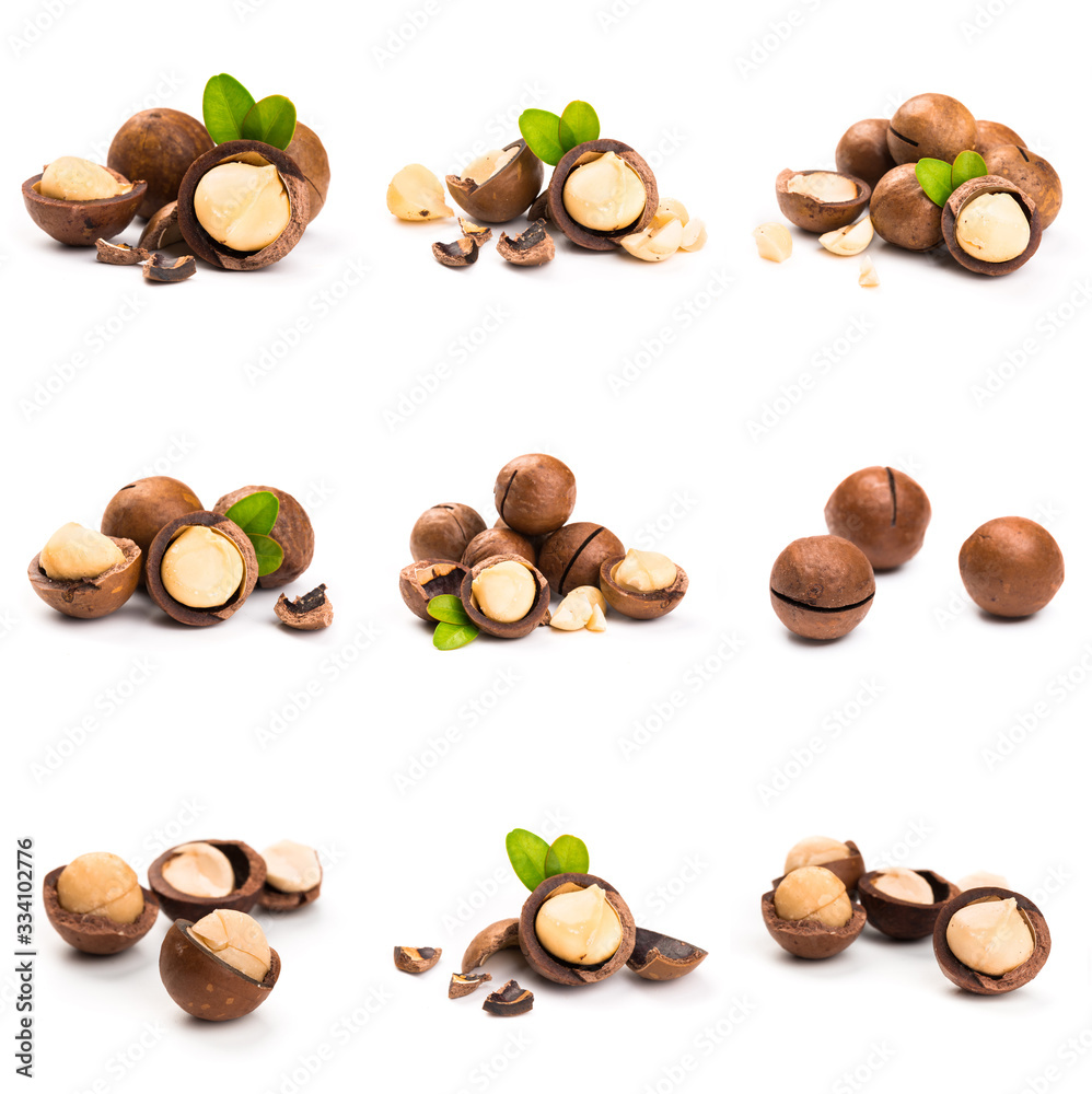 Macadamia nut with pieces and green leaves isolated on a white background Macadamia nut with pieces and green leaves isolated on a white background