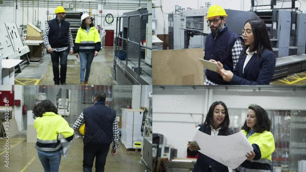 Collage of technicians walking at factory and talking. Multiscreen montage, split screen collage. Print manufacturing concept Collage of technicians walking at factory and talking. Multiscreen montage, split screen collage. Print manufacturing concept