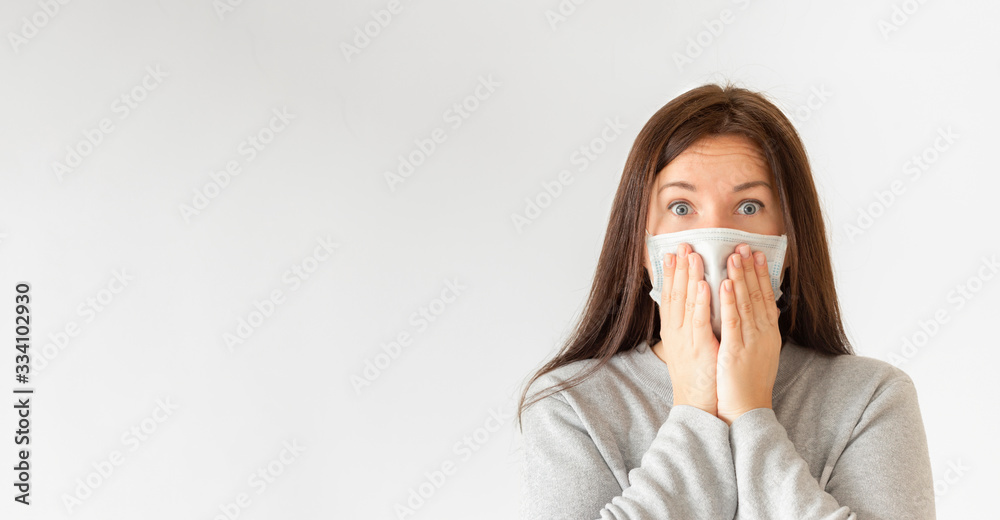 Woman in face mask on white background. Coronavirus flu virus or air pollution concept Woman in face mask on white background. Coronavirus flu virus or air pollution concept