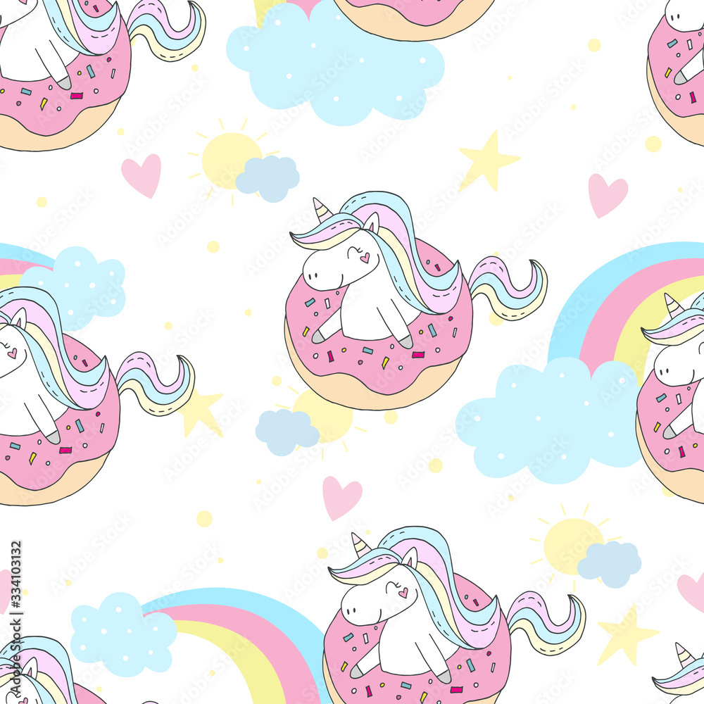 Seamless pattern with unicorn and donuts. Wrapping paper or fabric. Texture for menu, booklet, banner, website. Vector illustration. Cute summer print Seamless pattern with unicorn and donuts. Wrapping paper or fabric. Texture for menu, booklet, banner, website. Vector illustration. Cute summer print