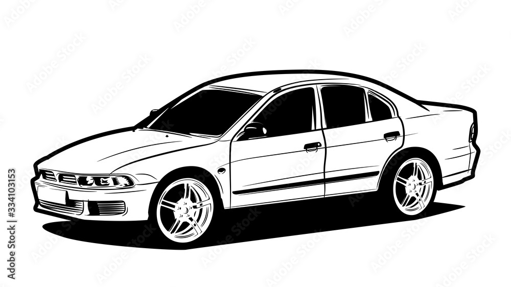 Black drawing of a Japanese sedan. Cars with a shark face. Poster for a car wash or auto repair shop. Powerful car on huge disks.
Beautiful and stylish transport.Illustration in ink hand drawn style.