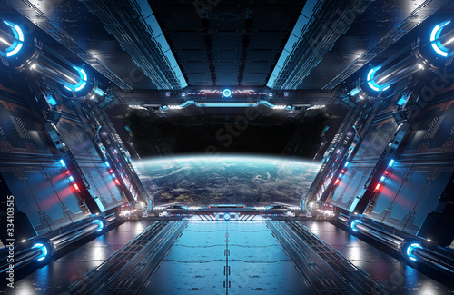 Fototapeta Naklejka Na Ścianę i Meble -  Blue and red futuristic spaceship interior with window view on planet Earth 3d rendering