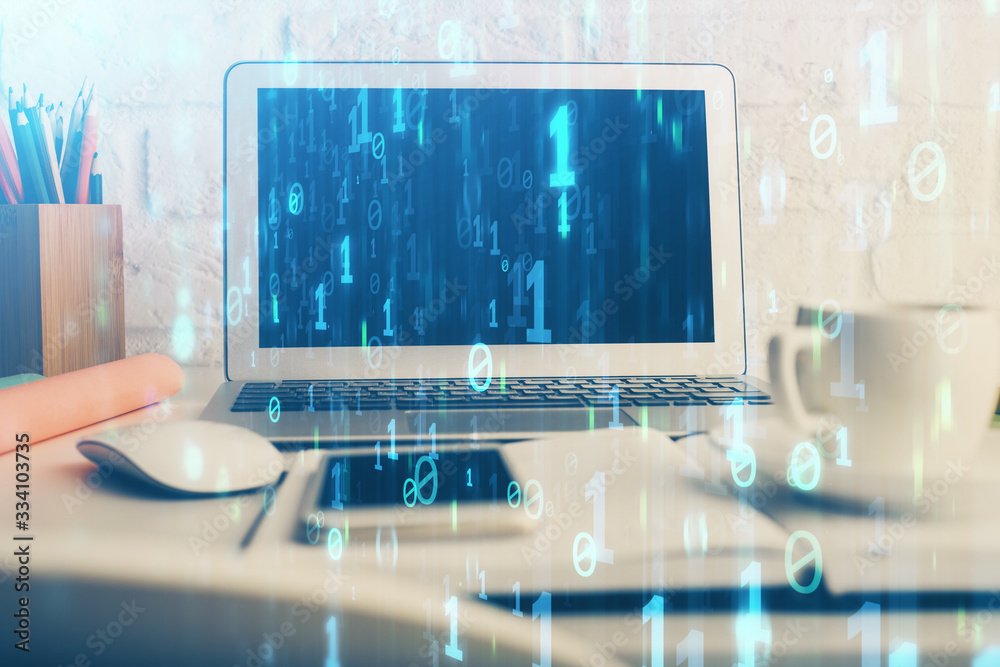 Double exposure of desktop with personal computer on background and tech theme drawing. Concept of Bigdata. Double exposure of desktop with personal computer on background and tech theme drawing. Concept of Bigdata.