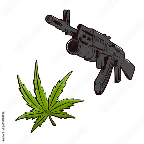 Kalashnikov assault rifle and hemp leaf on an isolated white background