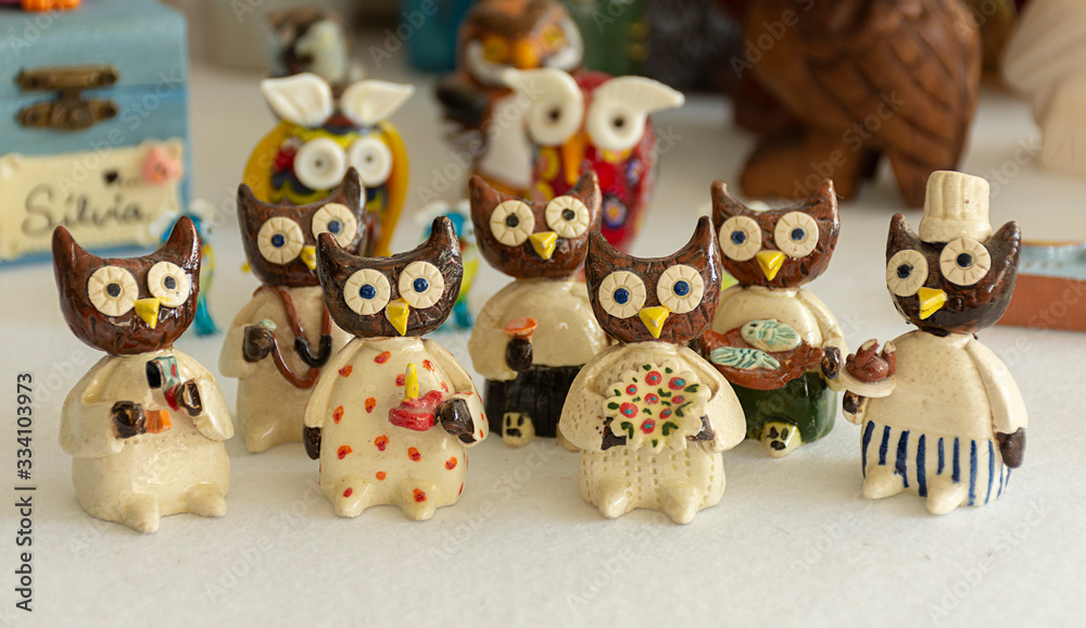 Owl Collection , different pieces with different shapes, materials and colors.