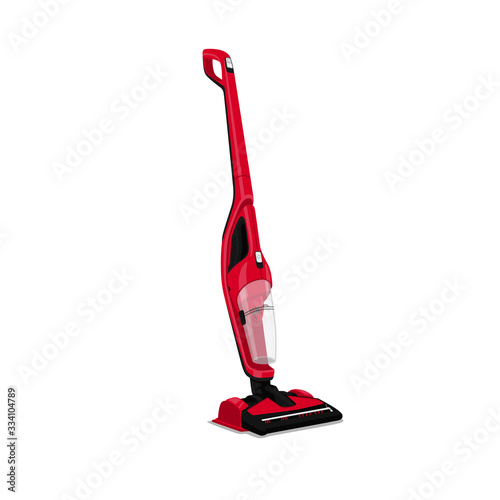 Red modern vacuum cleaner.Clever helper of hostess for cleaning up of house. Isolated on a white background, there is a place for inscription