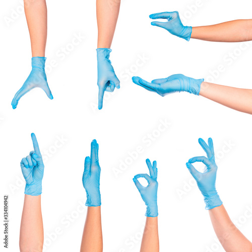 set of   female doctor`s hands in blue glove  isolated on white background- Image