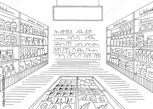 Grocery store shop interior black white graphic sketch illustration vector