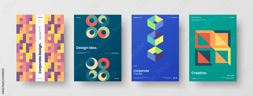 Business presentation vector A4 vertical orientation front page mock up set. Corporate report cover abstract geometric illustration design layout bundle. Company identity brochure template collection.