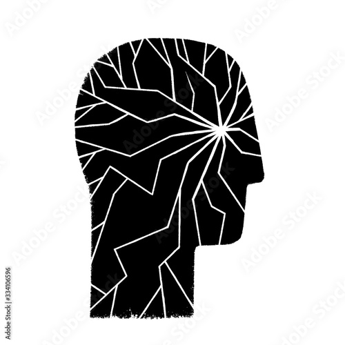 Headache migraine, schematic image, black icon. Human head splintering into fragments. Man face in profine silhouette isolated on white background, black and white flat illustration.